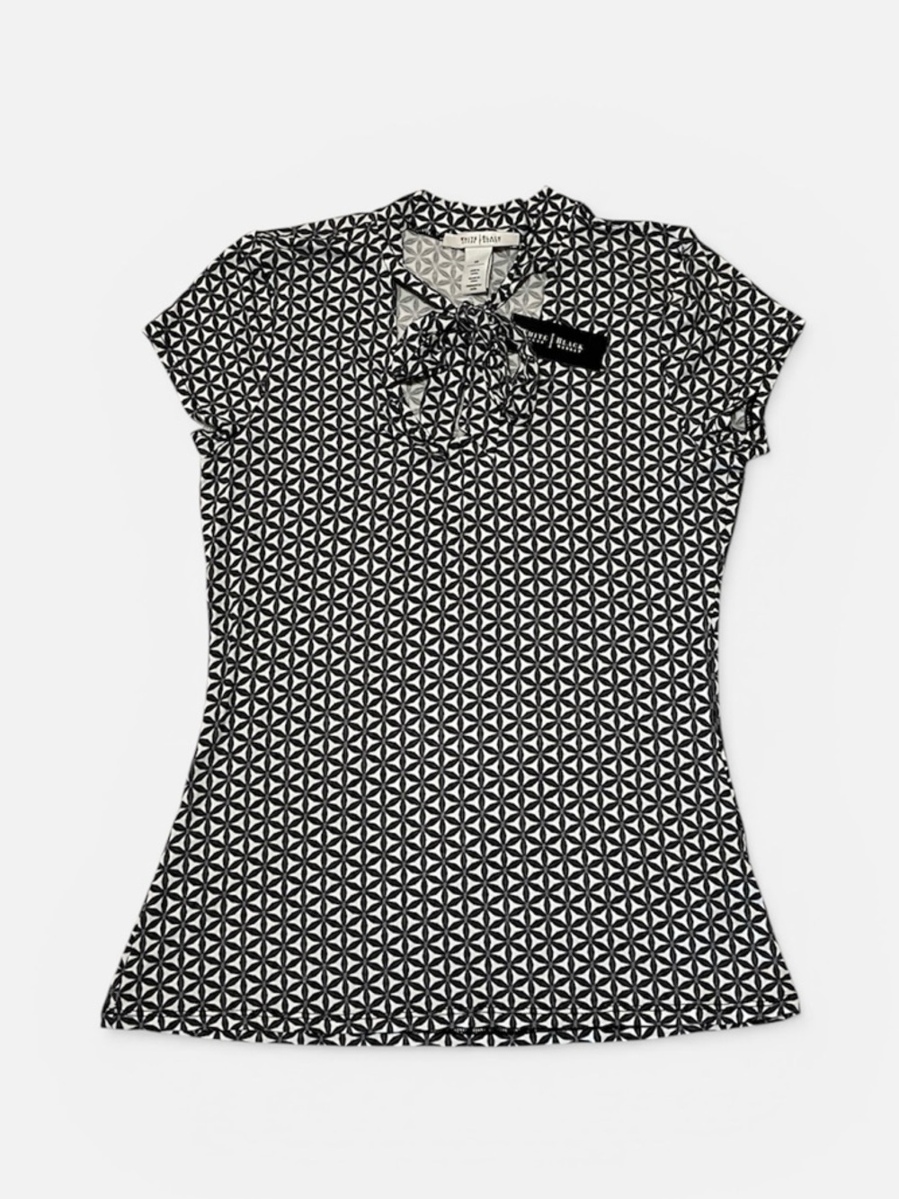 WHBM Short Sleeve Tie Neck Print Blouse in Blk & Wht Size XS NWT